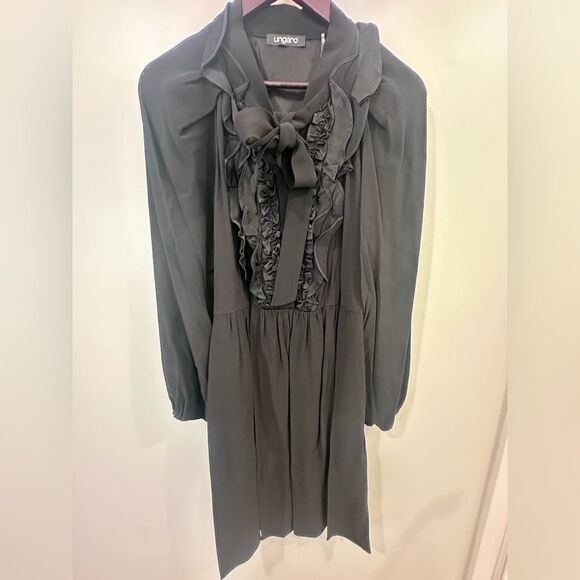 Ungaro Ari Ruffled Tie Neck Dress in Black Size Medium - Picture 5 of 12